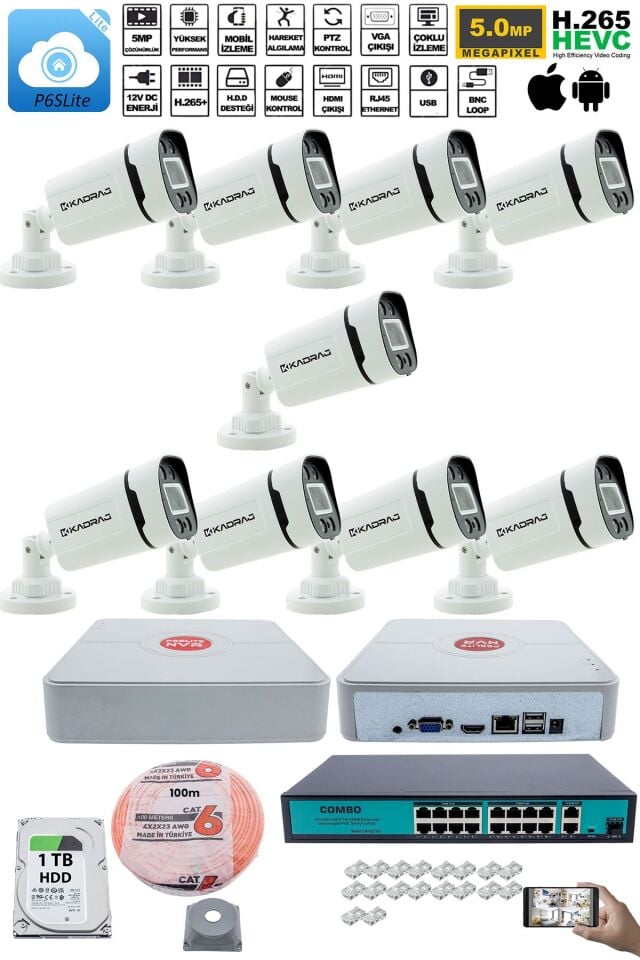9 Kameralı Güvenlik IP Kamera Seti - 4MP Dış Mekan Kamera, 3.6mm Lens, H.265+, PoE, Gece Renkli