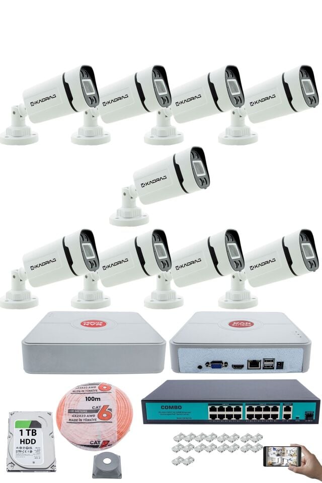 9 Kameralı Güvenlik IP Kamera Seti - 4MP Dış Mekan Kamera, 3.6mm Lens, H.265+, PoE, Gece Renkli