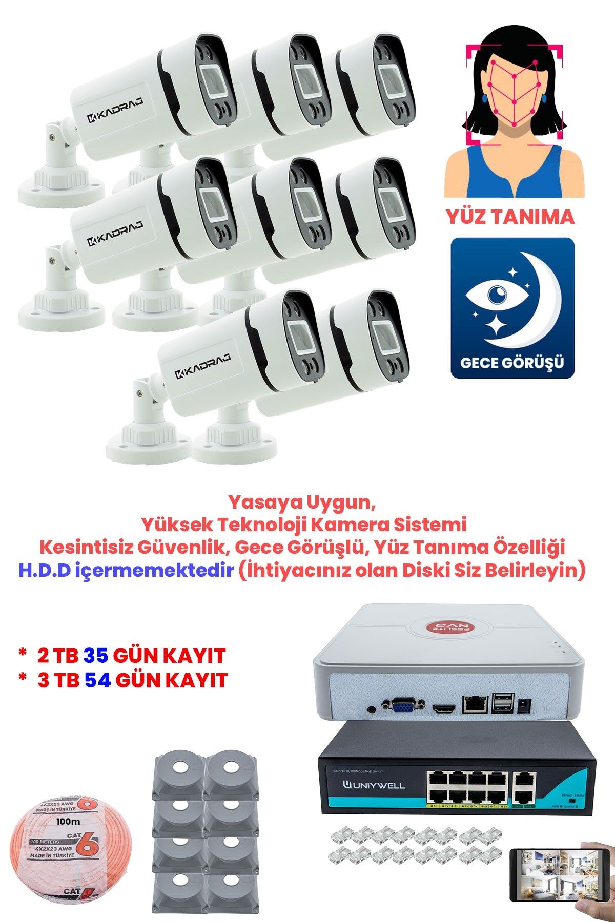 8  Kameralı Güvenlik IP Kamera Seti - 4MP Dış Mekan Kamera, H.265+, PoE Switch, DISK H.D.D ICERMEZ