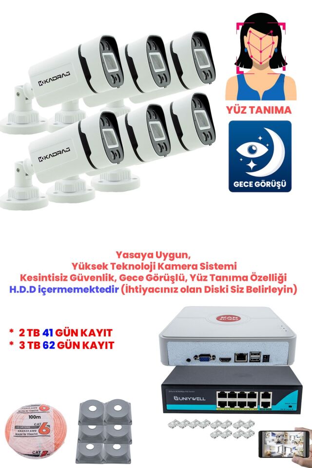 6  Kameralı Güvenlik IP Kamera Seti - 4MP Dış Mekan Kamera, H.265+, PoE Switch, DISK H.D.D ICERMEZ