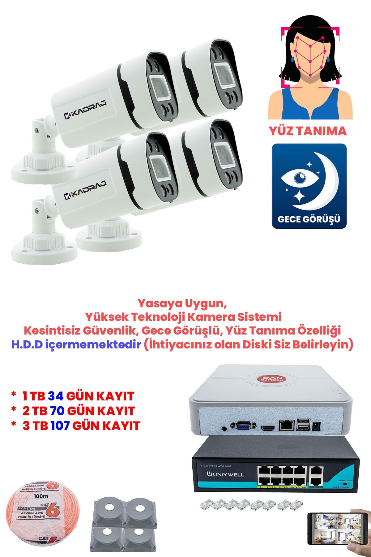 4  Kameralı Güvenlik IP Kamera Seti - 4MP Dış Mekan Kamera, H.265+, PoE Switch,DISK H.D.D ICERMEZ