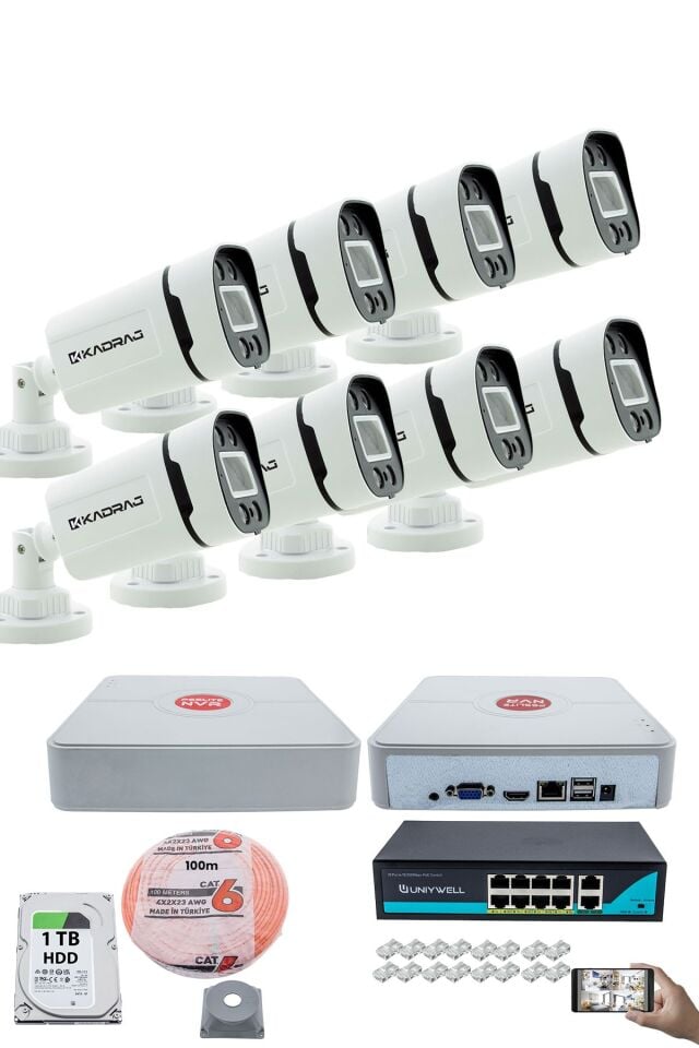 8'li Güvenlik IP Kamera Seti - 4MP Dış Mekan Kamera, 3.6mm Lens, H.265, PoE, 9 Kanal NVR, 1TB HDD