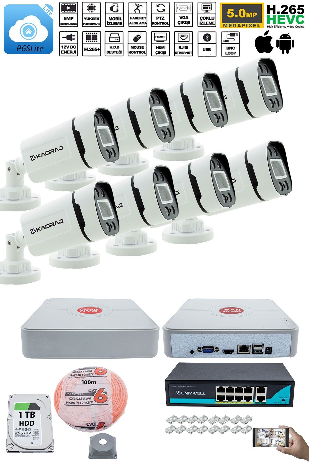 8'li Güvenlik IP Kamera Seti - 4MP Dış Mekan Kamera, 3.6mm Lens, H.265, PoE, 9 Kanal NVR, 1TB HDD
