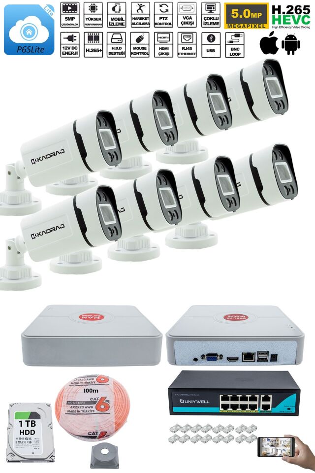 8'li Güvenlik IP Kamera Seti - 4MP Dış Mekan Kamera, 3.6mm Lens, H.265, PoE, 9 Kanal NVR, 1TB HDD