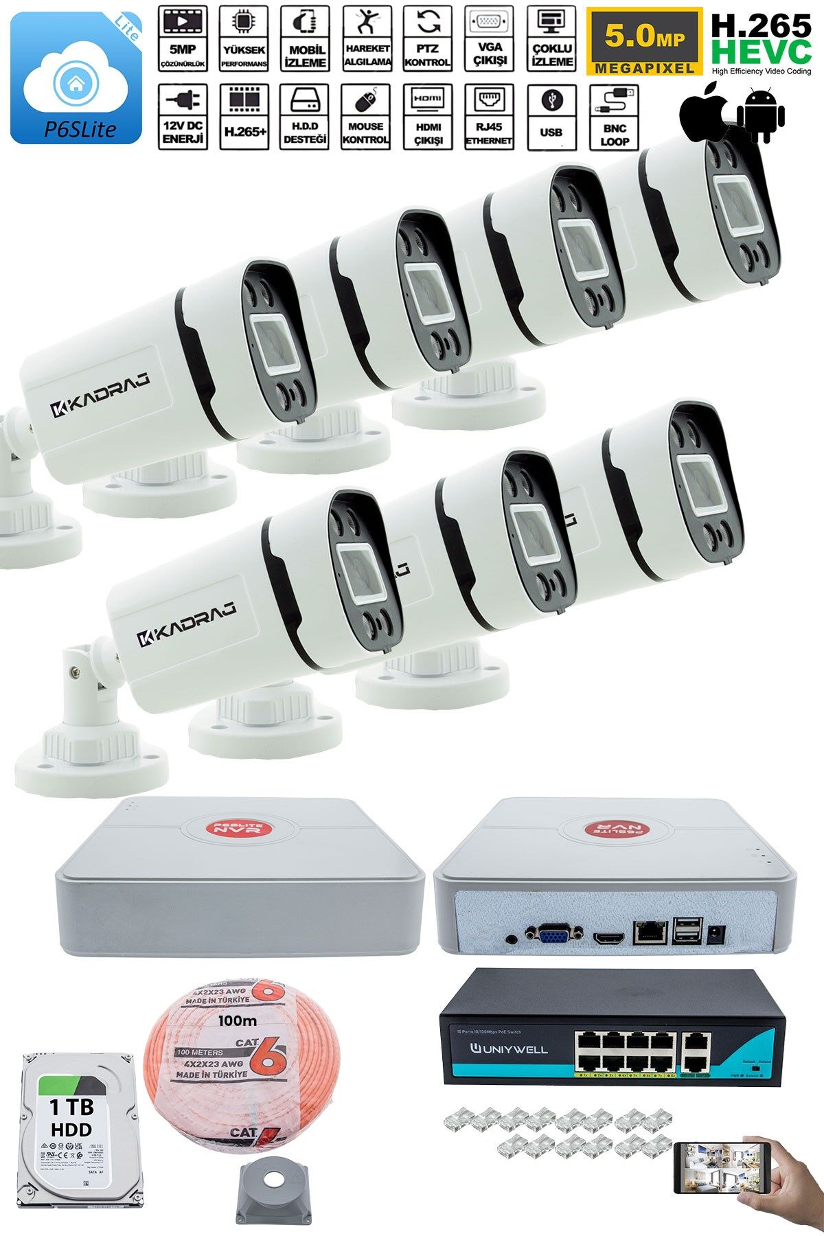 7'li Güvenlik IP Kamera Seti - 4MP Dış Mekan Kamera, 3.6mm Lens, H.265, PoE, R Gece Görüşü,1TB HDD