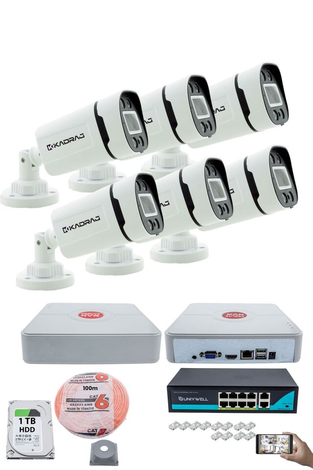 6'lı Güvenlik IP Kamera Seti - 4MP Dış Mekan Kamera, 3.6mm Lens, H.265, PoE, 1TB HDD