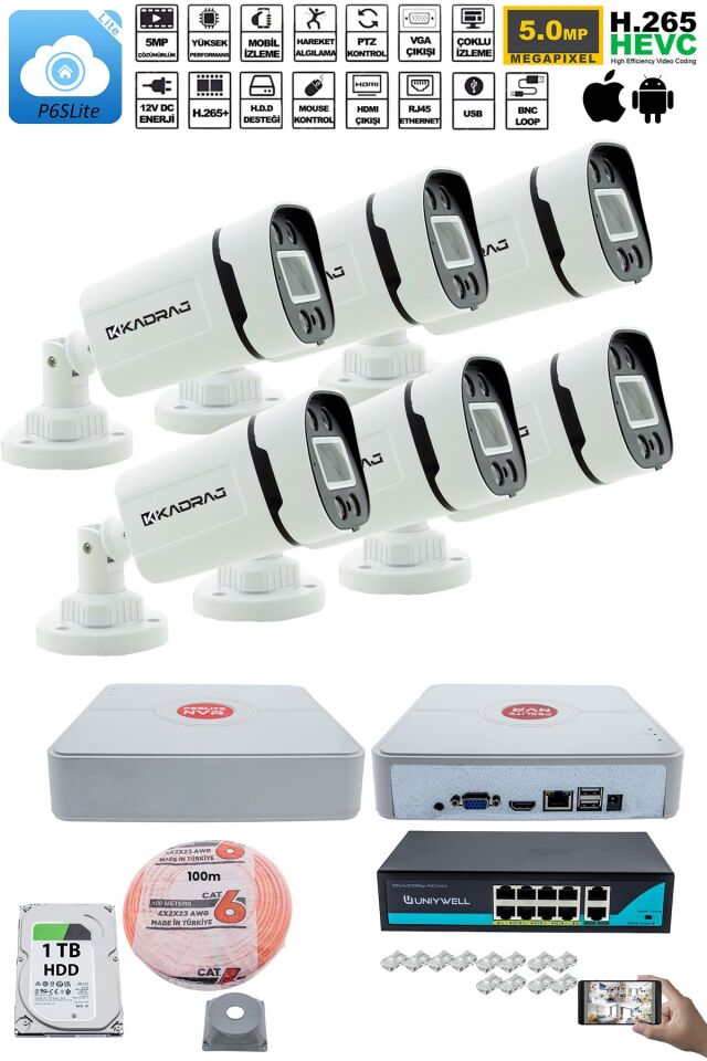6'lı Güvenlik IP Kamera Seti - 4MP Dış Mekan Kamera, 3.6mm Lens, H.265, PoE, 1TB HDD