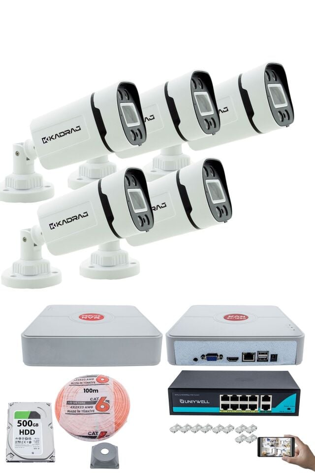 5'li Güvenlik IP Kamera Seti - 4MP Dış Mekan Kamera, 3.6mm Lens, H.265, PoE, Warm IR Gece Görüşü,