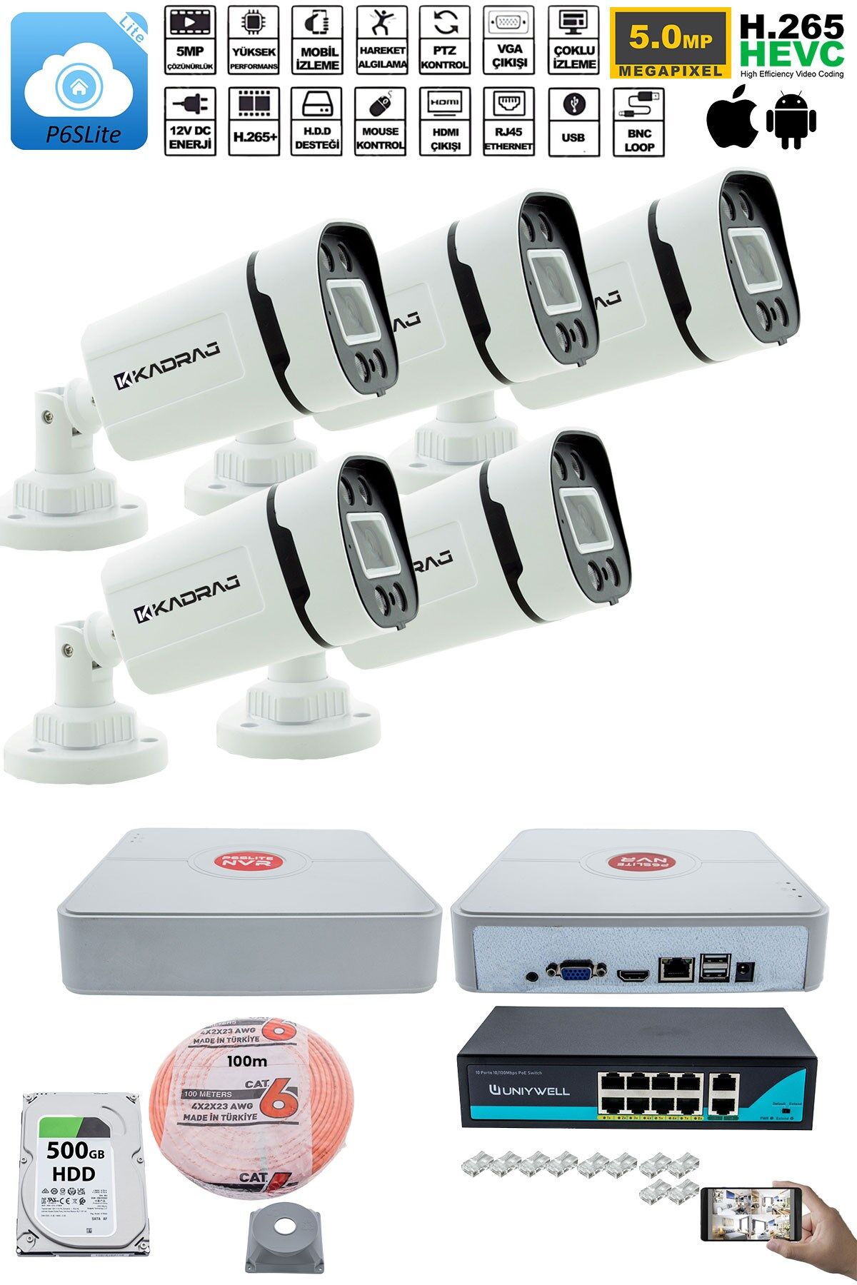5'li Güvenlik IP Kamera Seti - 4MP Dış Mekan Kamera, 3.6mm Lens, H.265, PoE, Warm IR Gece Görüşü,