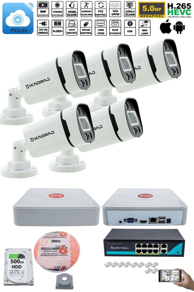 5'li Güvenlik IP Kamera Seti - 4MP Dış Mekan Kamera, 3.6mm Lens, H.265, PoE, Warm IR Gece Görüşü,
