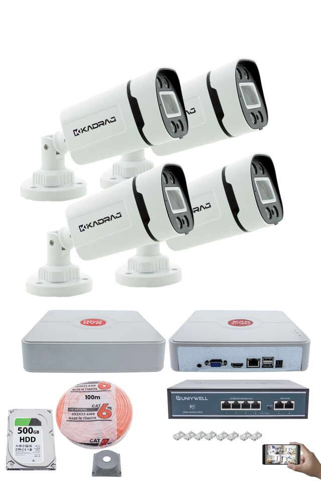 4'lü Güvenlik IP Kamera Seti - 4MP Dış Mekan Kamera, 3.6mm Lens, H.265, PoE, Warm IR Gece Görüşü,