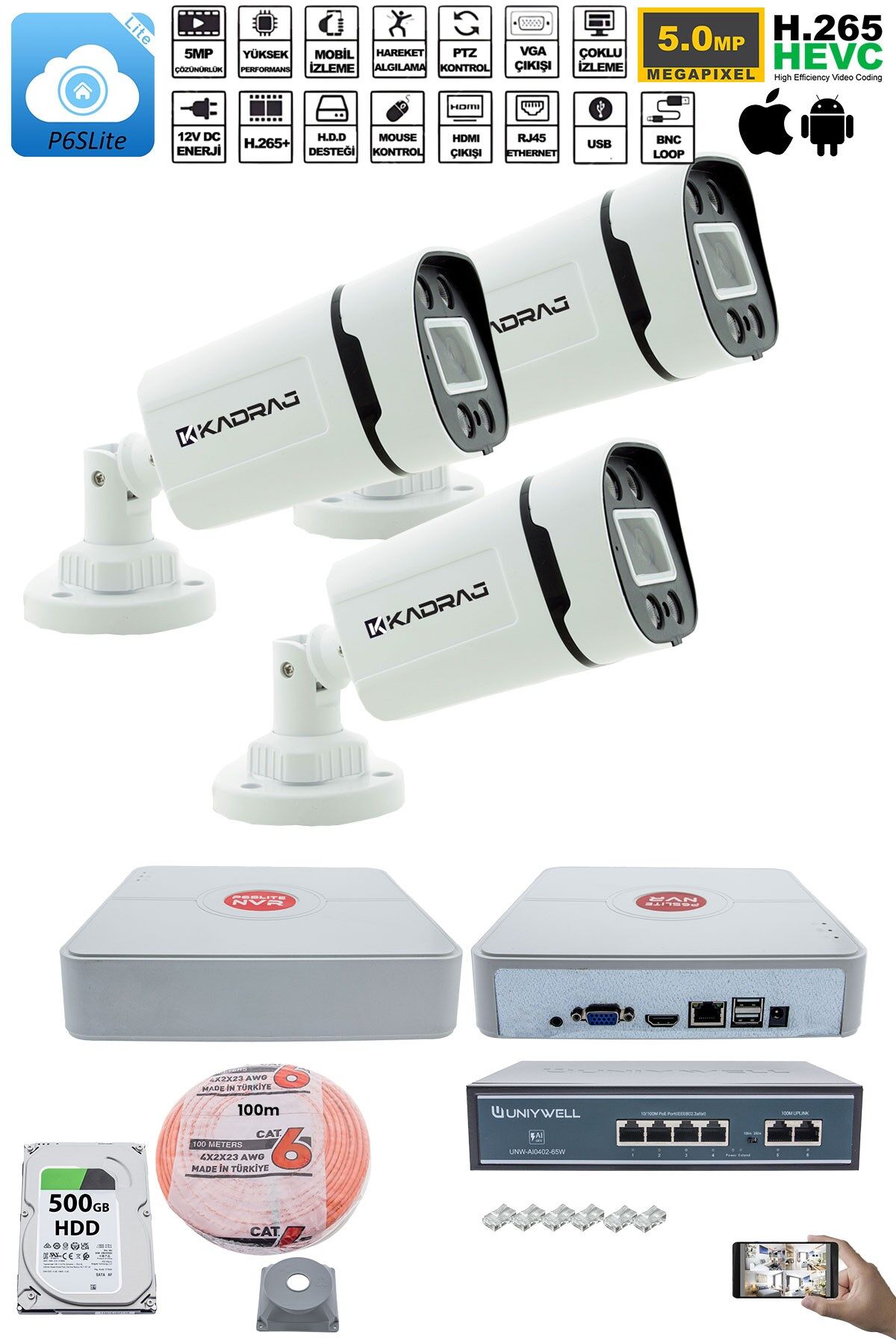 3'lü Güvenlik IP Kamera Seti - 4MP Dış Mekan Kamera H42, 3.6mm Lens, H.265, PoE, Warm IR Gece Görüşü
