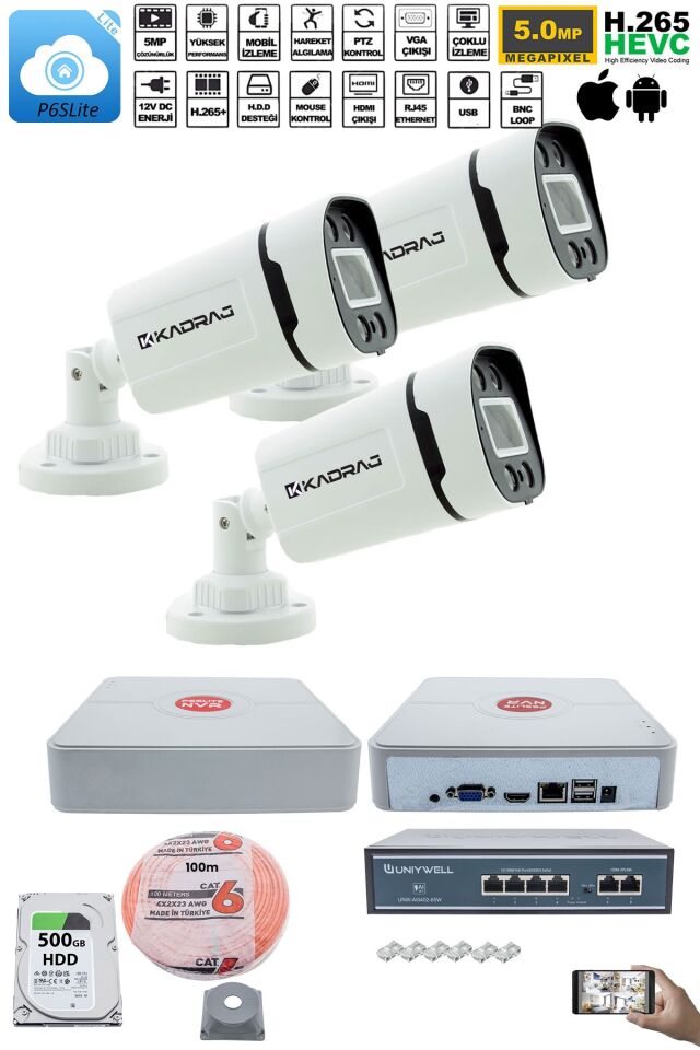 3'lü Güvenlik IP Kamera Seti - 4MP Dış Mekan Kamera H42, 3.6mm Lens, H.265, PoE, Warm IR Gece Görüşü