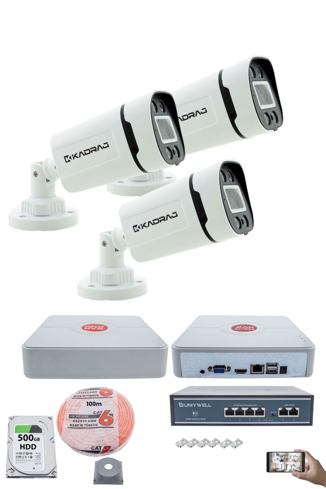 3'lü Güvenlik IP Kamera Seti - 4MP Dış Mekan Kamera H42, 3.6mm Lens, H.265, PoE, Warm IR Gece Görüşü