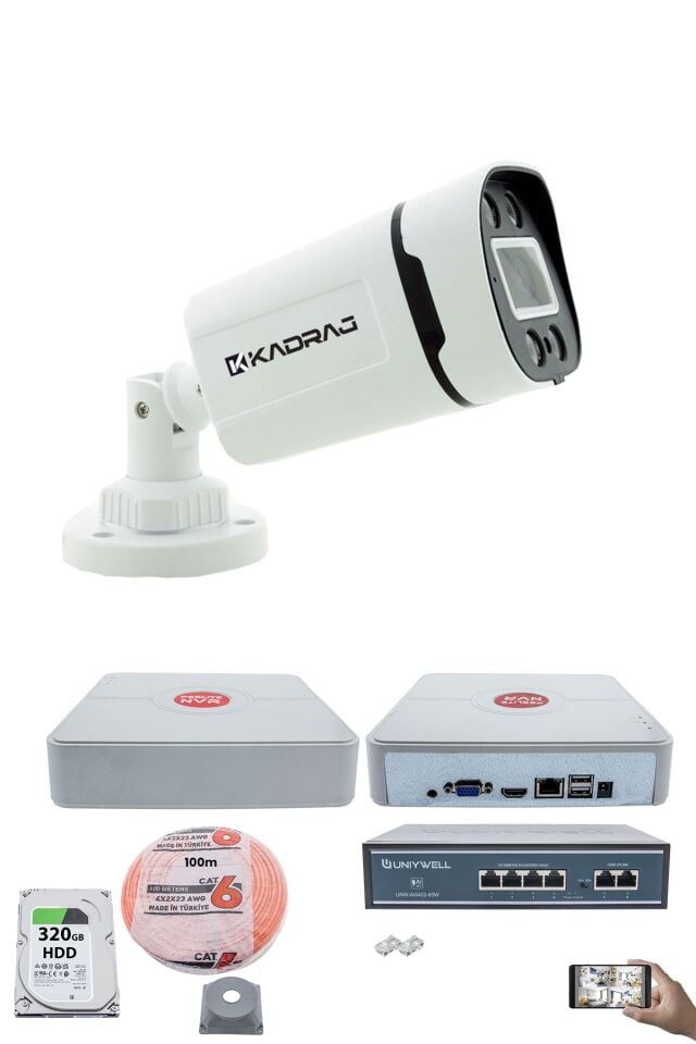1'li Güvenlik IP Kamera Seti - 4MP Dış Mekan Kamera H42, 3.6mm Lens, H.265, PoE, Warm IR Gece Görüşü