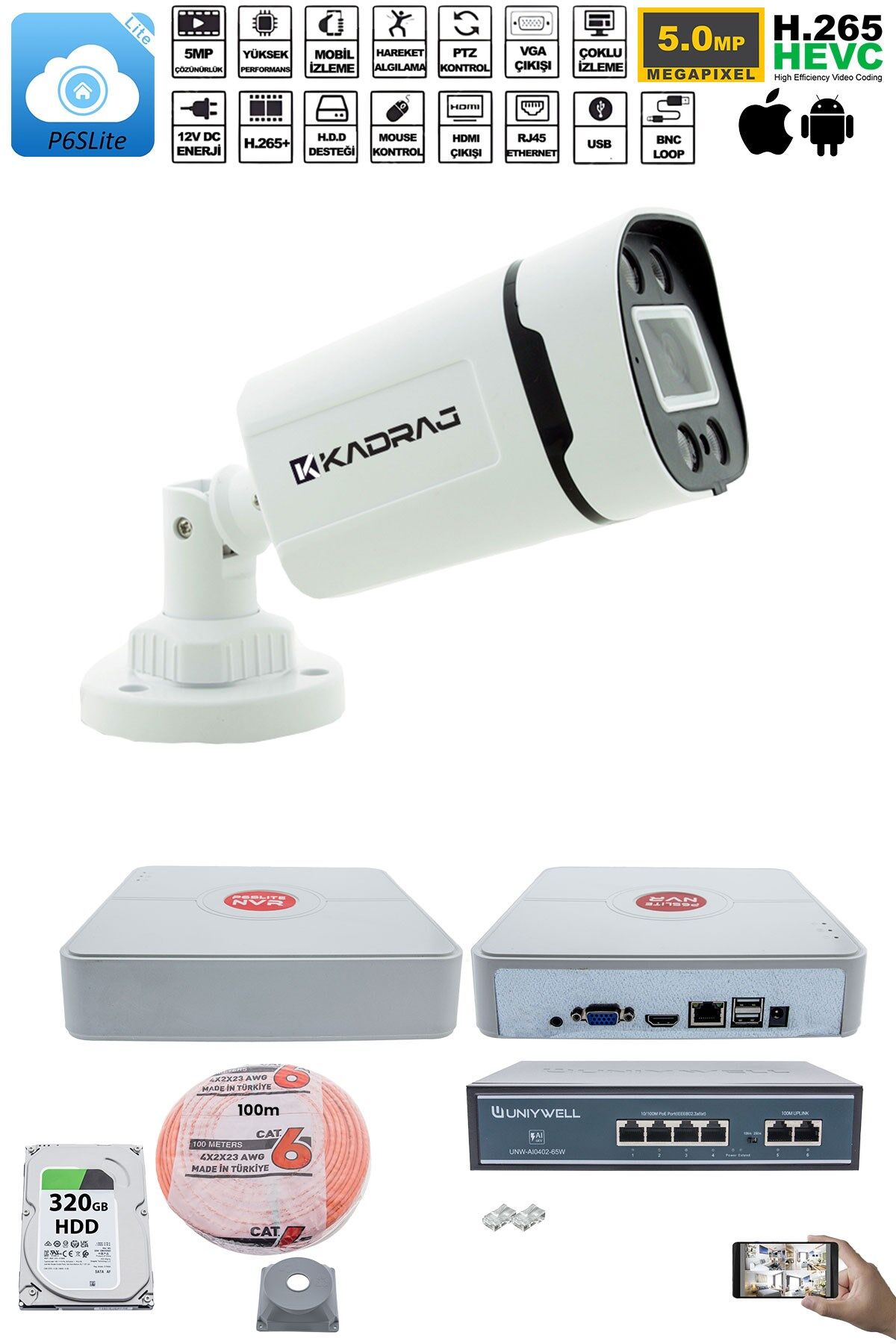 1'li Güvenlik IP Kamera Seti - 4MP Dış Mekan Kamera H42, 3.6mm Lens, H.265, PoE, Warm IR Gece Görüşü