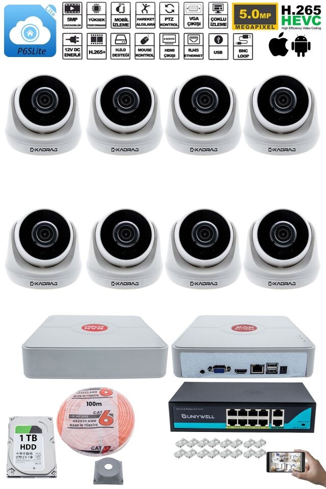 8 Kameralı IP Dome Güvenlik Kamerası Seti | 4MP Ultra HD, 30m Gece Görüş, Ses Alma, Uzaktan İzleme