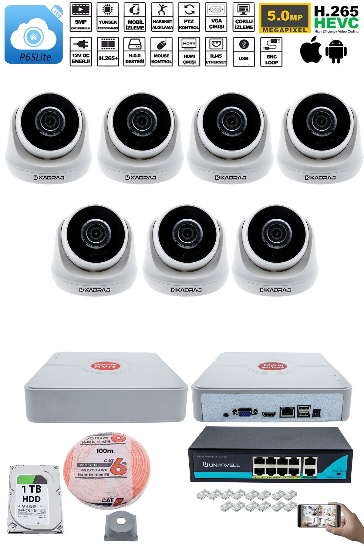 7 Kameralı IP Dome Güvenlik Kamerası Seti | 4MP Ultra HD, 30m Gece Görüş, Ses Alma, Uzaktan İzleme