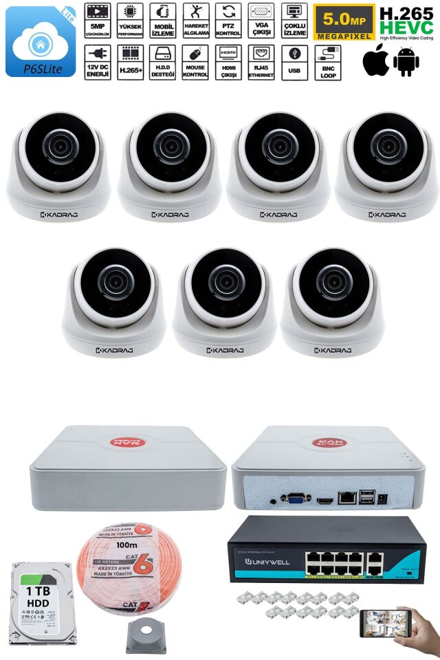 7 Kameralı IP Dome Güvenlik Kamerası Seti | 4MP Ultra HD, 30m Gece Görüş, Ses Alma, Uzaktan İzleme