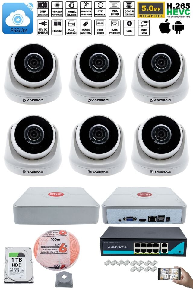 6 Kameralı IP Dome Güvenlik Kamerası Seti | 4MP Ultra HD, 30m Gece Görüş, Ses Alma, Uzaktan İzleme