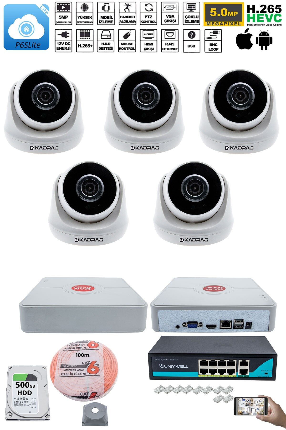 5 Kameralı IP Dome Güvenlik Kamerası Seti | 4MP Ultra HD, 30m Gece Görüş, Ses Alma, Uzaktan İzleme