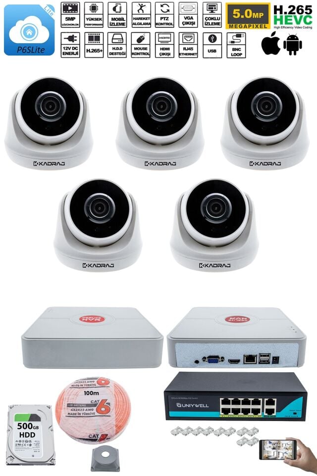 5 Kameralı IP Dome Güvenlik Kamerası Seti | 4MP Ultra HD, 30m Gece Görüş, Ses Alma, Uzaktan İzleme