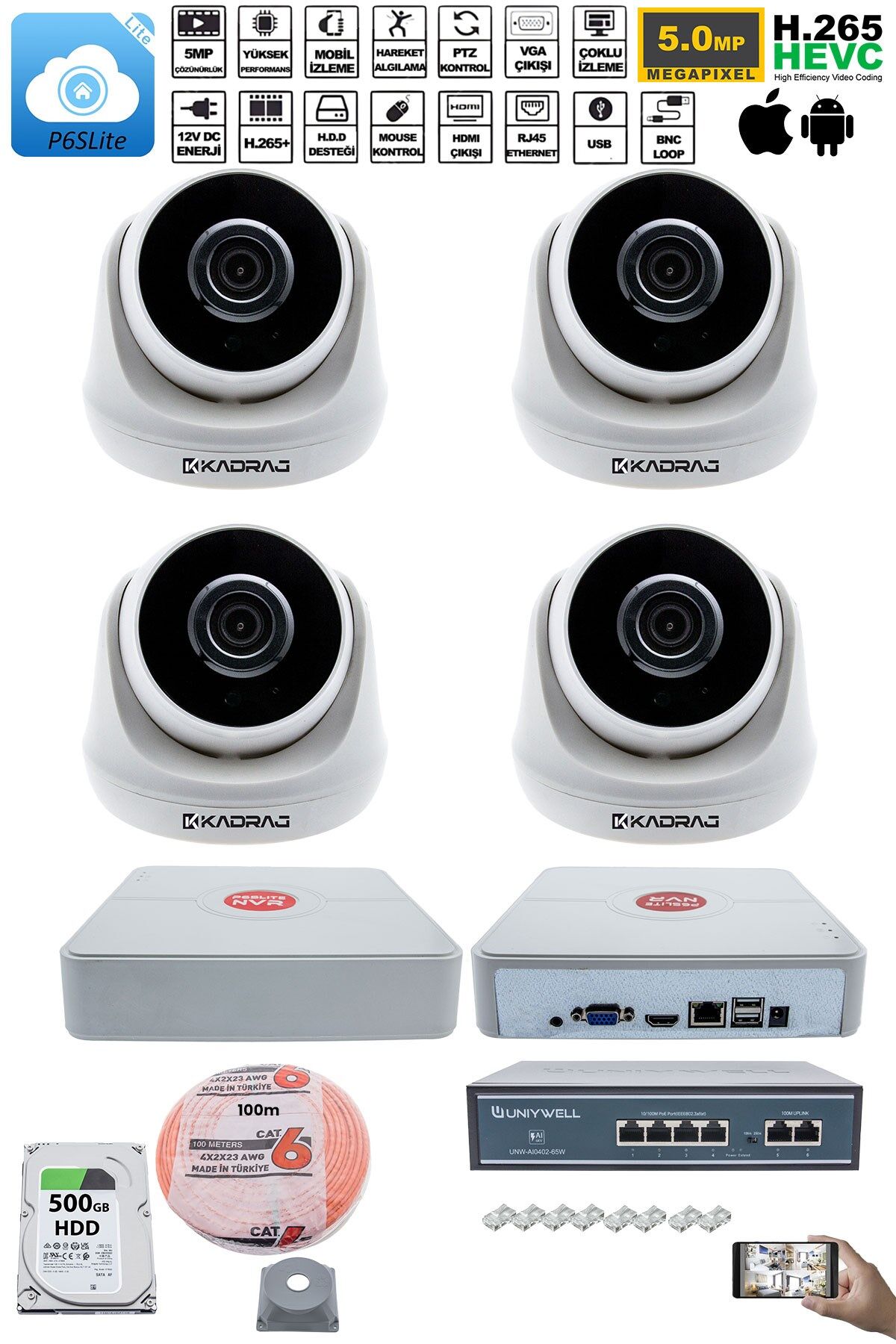 4 Kameralı IP Dome Güvenlik Kamerası Seti | 4MP Ultra HD, 30m Gece Görüş, Ses Alma, Uzaktan İzleme