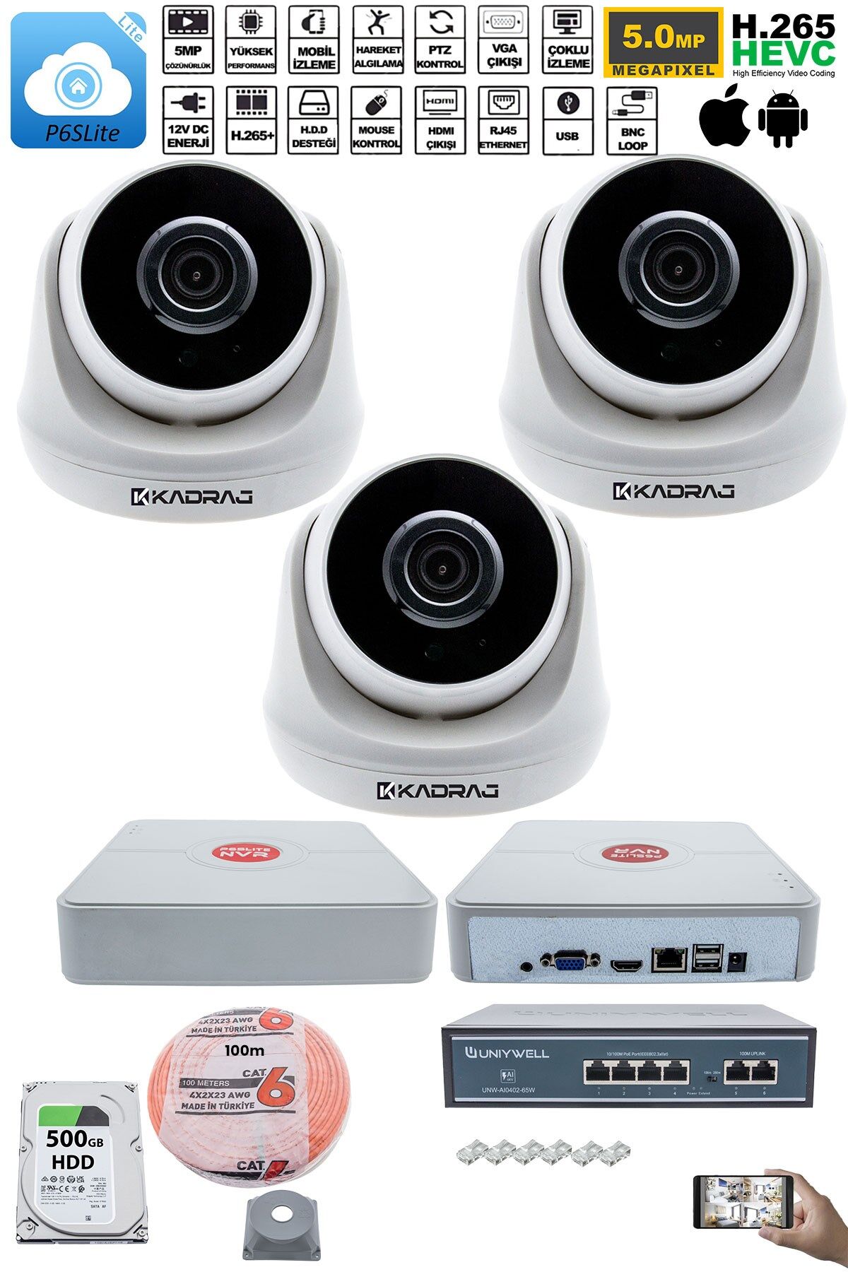 3 Kameralı IP Dome Güvenlik Kamerası Seti | 4MP Ultra HD, 30m Gece Görüş, Ses Alma, Uzaktan İzleme