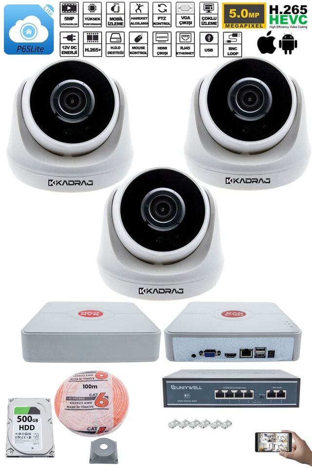 3 Kameralı IP Dome Güvenlik Kamerası Seti | 4MP Ultra HD, 30m Gece Görüş, Ses Alma, Uzaktan İzleme