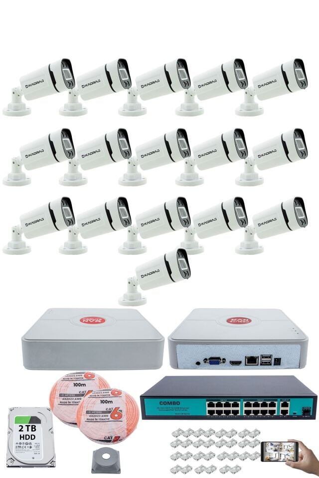 16 Kameralı Güvenlik IP Kamera Seti - 4MP Dış Mekan Kamera, 3.6mm Lens, H.265+, PoE,  2TB HDD
