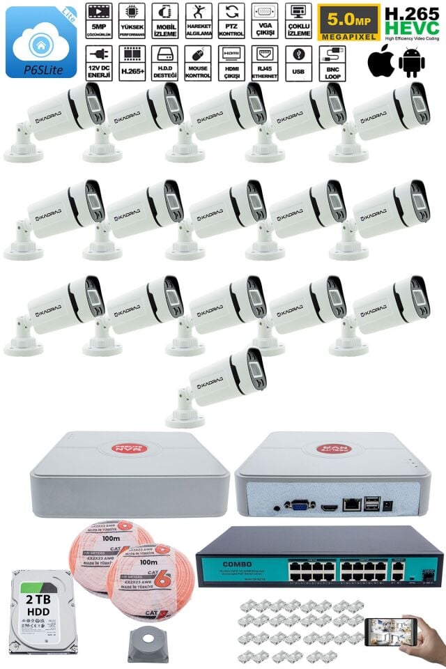 16 Kameralı Güvenlik IP Kamera Seti - 4MP Dış Mekan Kamera, 3.6mm Lens, H.265+, PoE,  2TB HDD