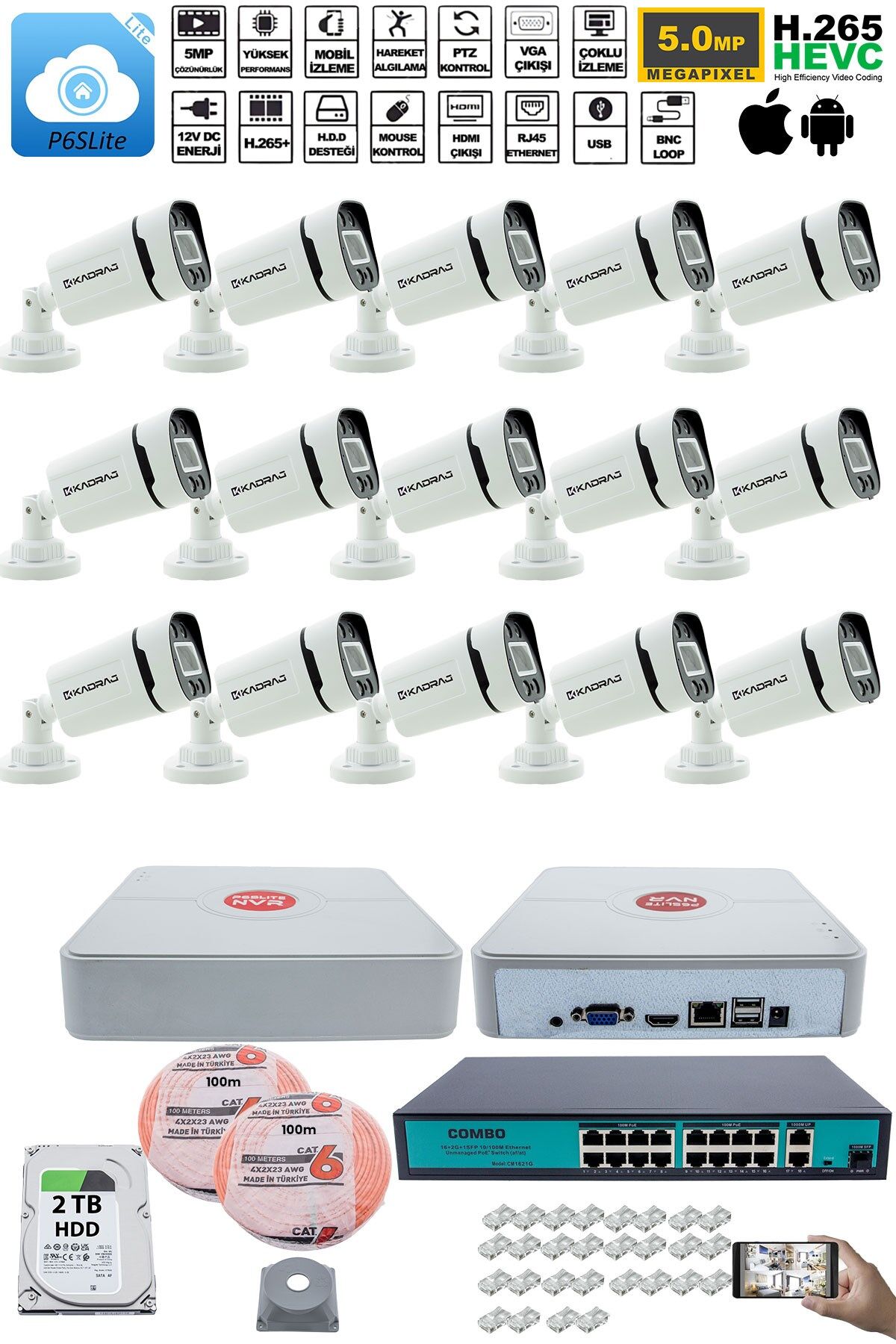 15 Kameralı Güvenlik IP Kamera Seti - 4MP Dış Mekan Kamera, 3.6mm Lens, H.265+, PoE,  2TB HDD