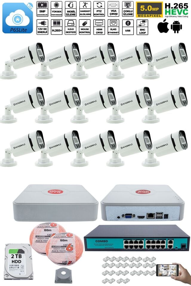 15 Kameralı Güvenlik IP Kamera Seti - 4MP Dış Mekan Kamera, 3.6mm Lens, H.265+, PoE,  2TB HDD