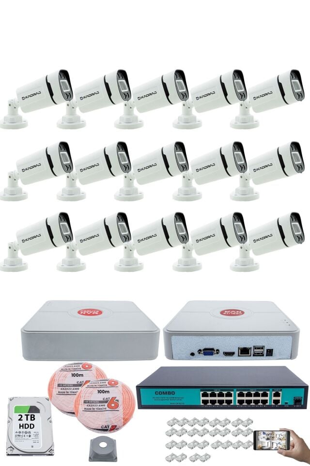 15 Kameralı Güvenlik IP Kamera Seti - 4MP Dış Mekan Kamera, 3.6mm Lens, H.265+, PoE,  2TB HDD