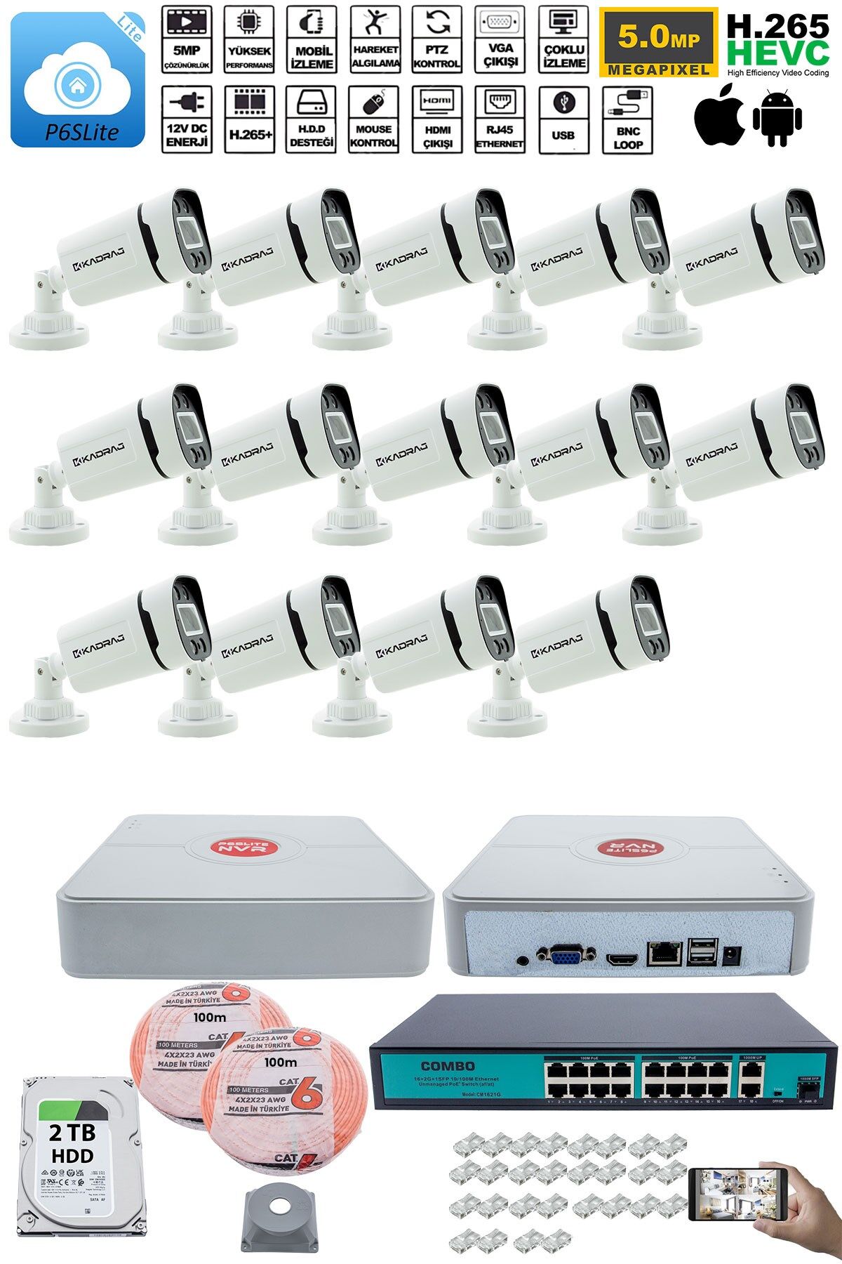 14 Kameralı Güvenlik IP Kamera Seti - 4MP Dış Mekan Kamera, 3.6mm Lens, H.265+, PoE, 2TB HDD