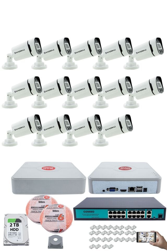 14 Kameralı Güvenlik IP Kamera Seti - 4MP Dış Mekan Kamera, 3.6mm Lens, H.265+, PoE, 2TB HDD