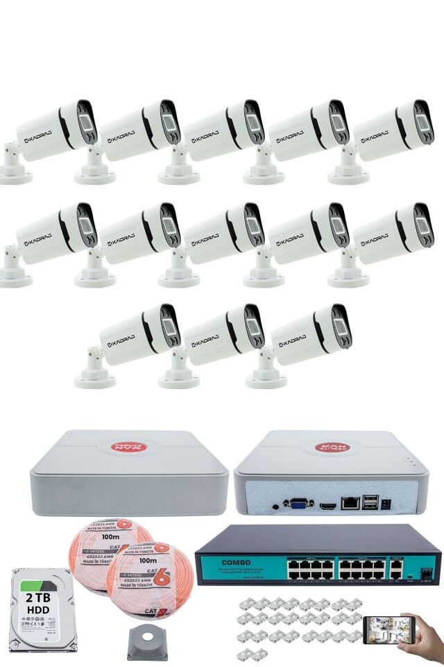 13 Kameralı Güvenlik IP Kamera Seti - 4MP Dış Mekan Kamera, 3.6mm Lens, H.265+, PoE, 2TB HDD