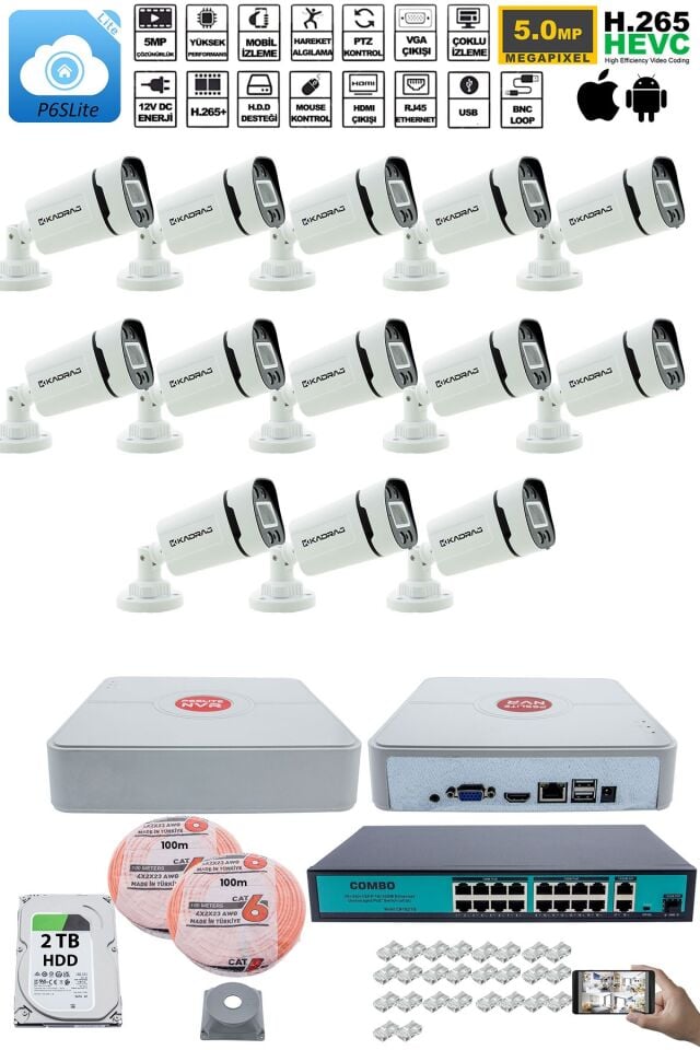 13 Kameralı Güvenlik IP Kamera Seti - 4MP Dış Mekan Kamera, 3.6mm Lens, H.265+, PoE, 2TB HDD
