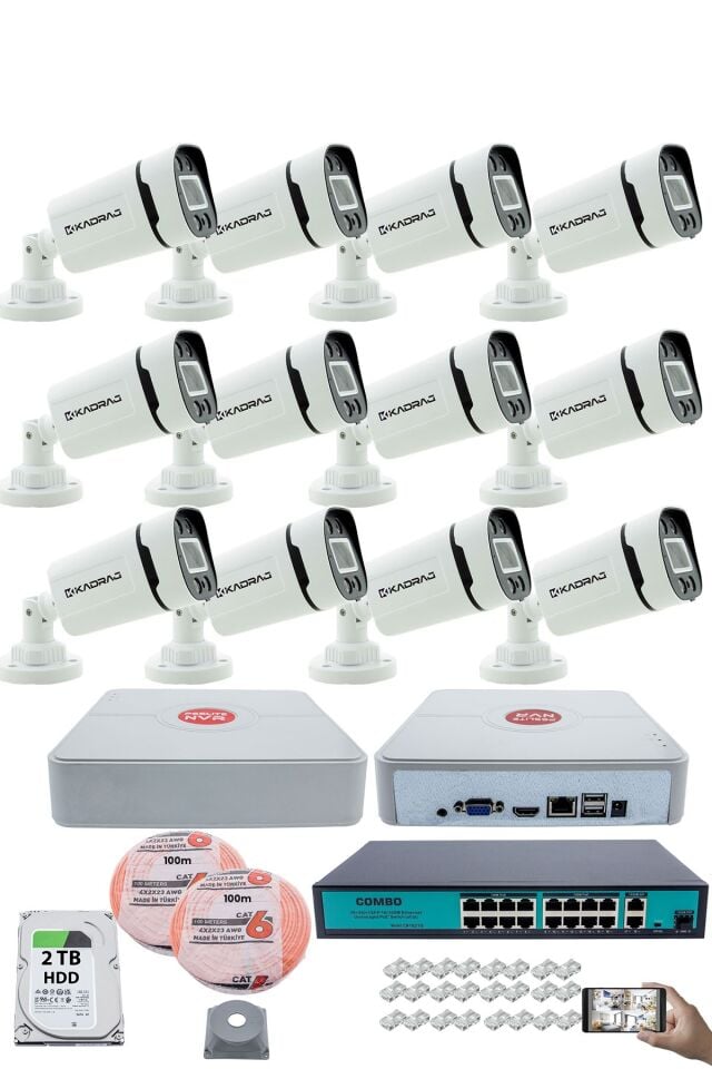 12 Kameralı Güvenlik IP Kamera Seti - 4MP Dış Mekan Kamera, 3.6mm Lens, H.265+, PoE, 2TB HDD