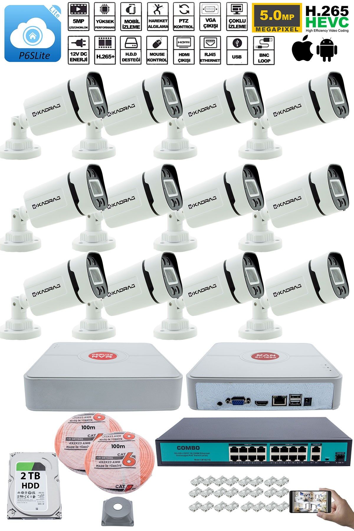 12 Kameralı Güvenlik IP Kamera Seti - 4MP Dış Mekan Kamera, 3.6mm Lens, H.265+, PoE, 2TB HDD