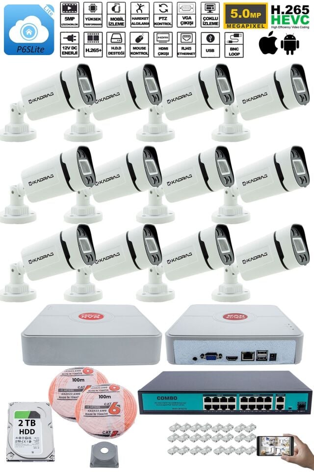 12 Kameralı Güvenlik IP Kamera Seti - 4MP Dış Mekan Kamera, 3.6mm Lens, H.265+, PoE, 2TB HDD