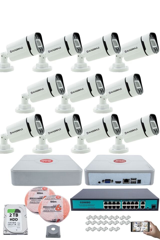 11 Kameralı Güvenlik IP Kamera Seti - 4MP Dış Mekan Kamera, 3.6mm Lens, H.265+, PoE,  2TB HDD