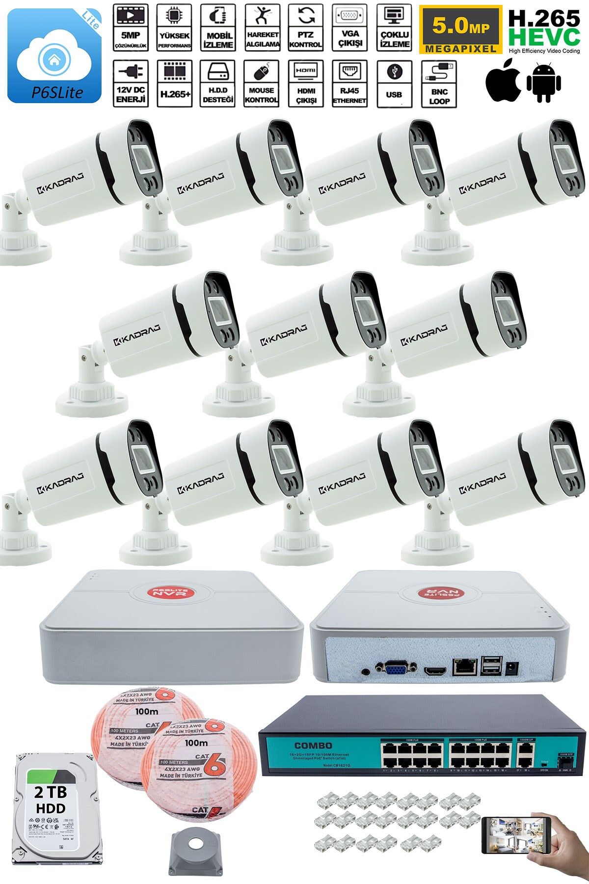 11 Kameralı Güvenlik IP Kamera Seti - 4MP Dış Mekan Kamera, 3.6mm Lens, H.265+, PoE,  2TB HDD