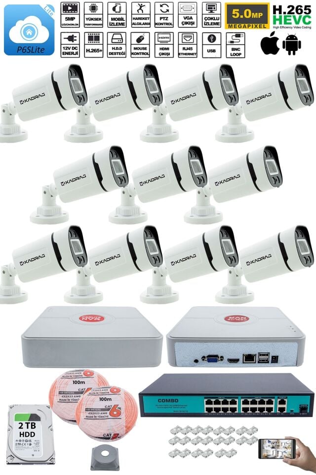 11 Kameralı Güvenlik IP Kamera Seti - 4MP Dış Mekan Kamera, 3.6mm Lens, H.265+, PoE,  2TB HDD