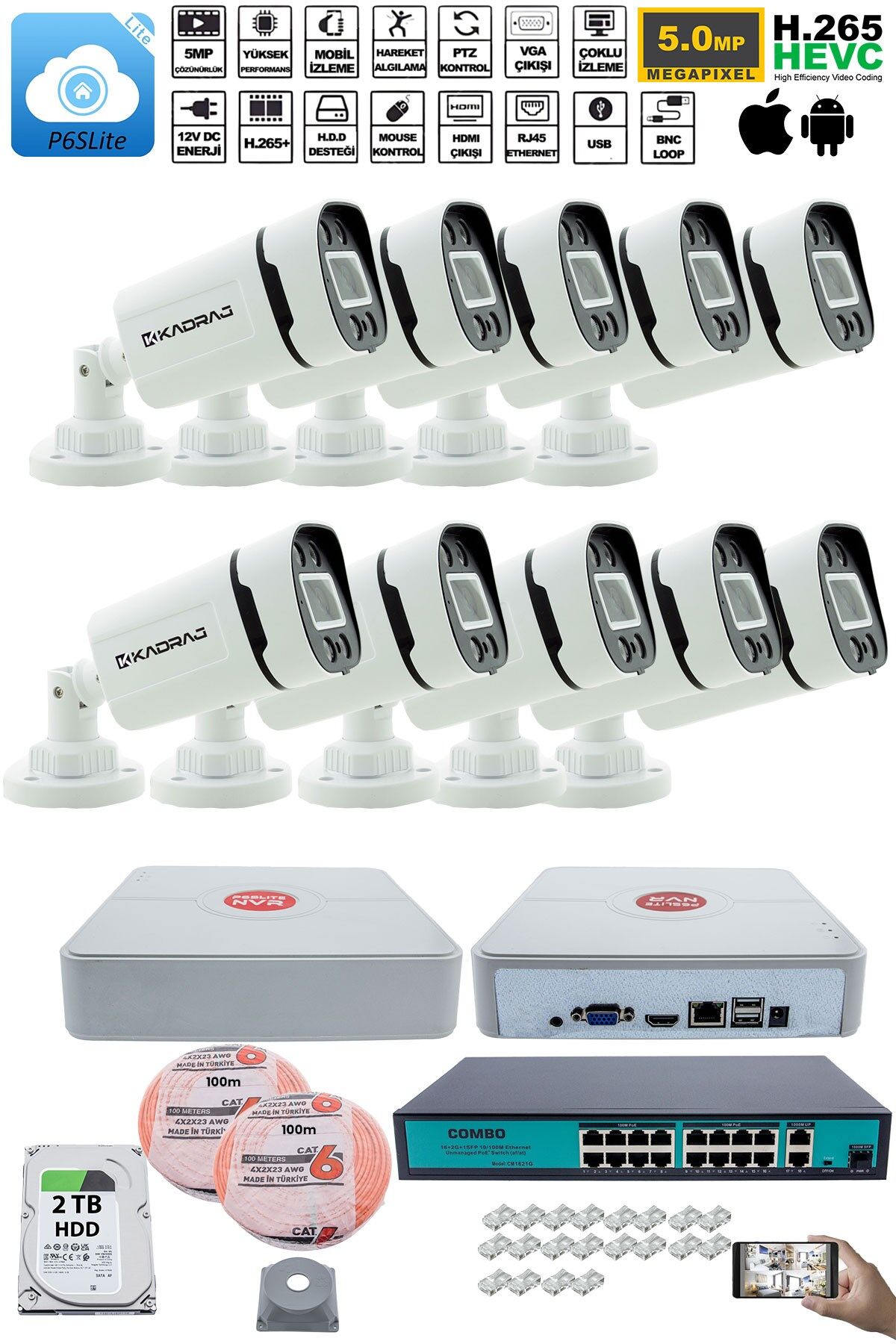 10 Kameralı Güvenlik IP Kamera Seti - 4MP Dış Mekan Kamera, 3.6mm Lens, H.265+, PoE, 2TB HDD