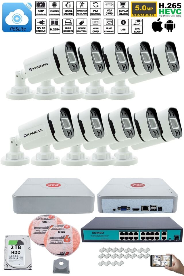 10 Kameralı Güvenlik IP Kamera Seti - 4MP Dış Mekan Kamera, 3.6mm Lens, H.265+, PoE, 2TB HDD