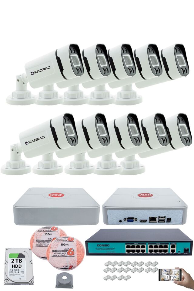10 Kameralı Güvenlik IP Kamera Seti - 4MP Dış Mekan Kamera, 3.6mm Lens, H.265+, PoE, 2TB HDD