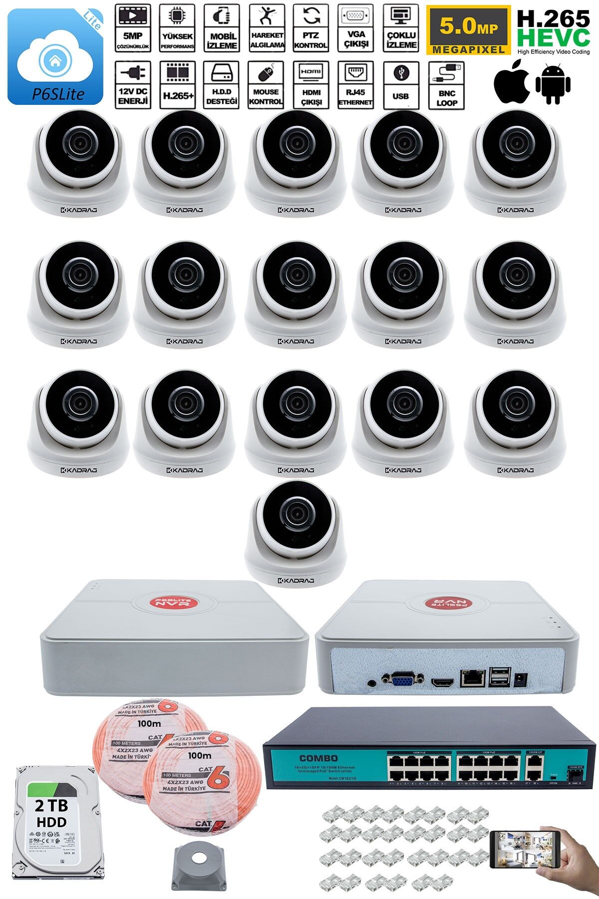 16 Kameralı IP Dome Güvenlik Kamerası Seti | 4MP Ultra HD, 30m Gece Görüş, Ses Alma,  2TB H.D.D
