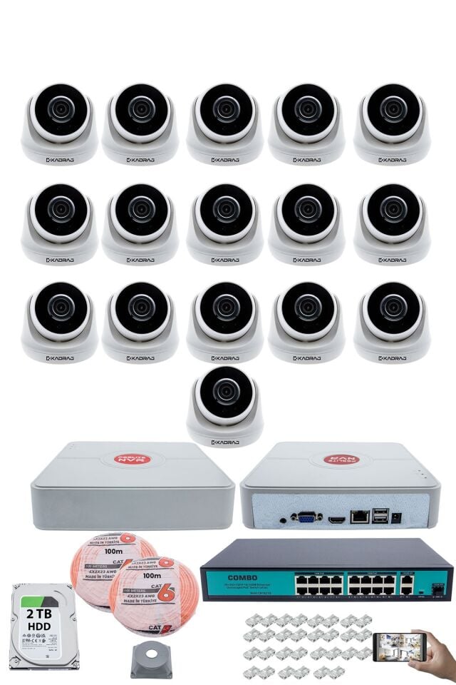 16 Kameralı IP Dome Güvenlik Kamerası Seti | 4MP Ultra HD, 30m Gece Görüş, Ses Alma,  2TB H.D.D