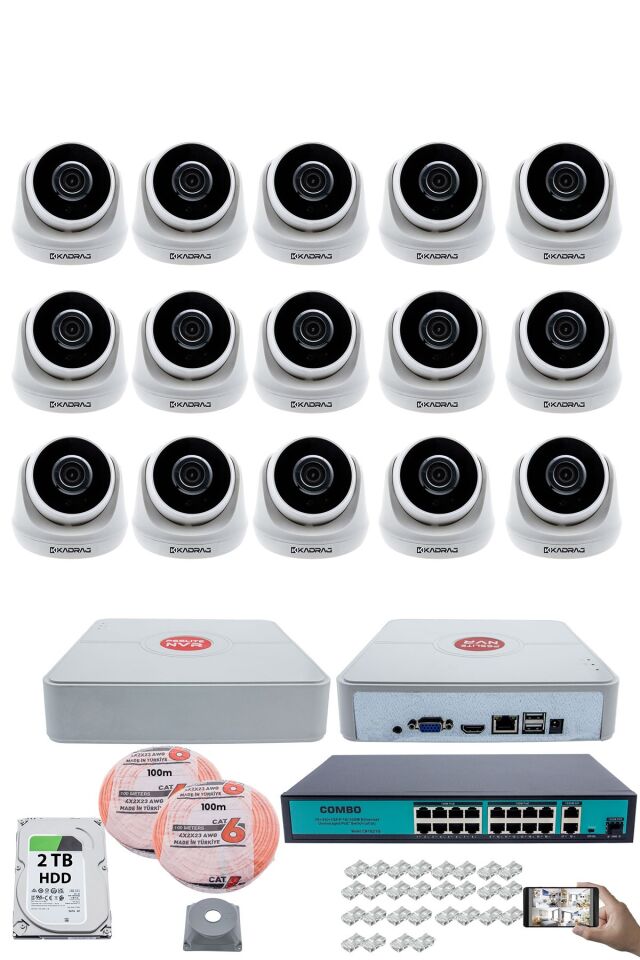 15 Kameralı IP Dome Güvenlik Kamerası Seti | 4MP Ultra HD, 30m Gece Görüş, Ses Alma, 2TB H.D.D